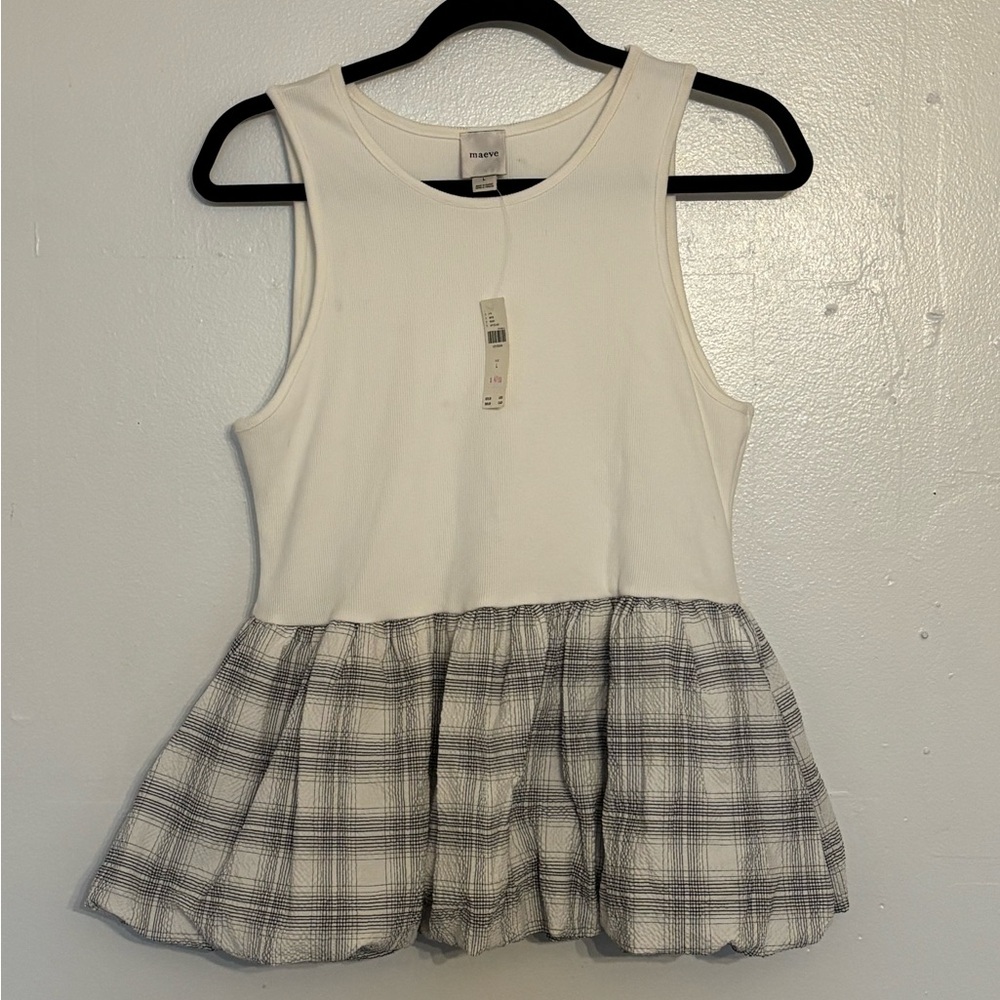 Maeve White and Gray Plaid Peplum Blouse